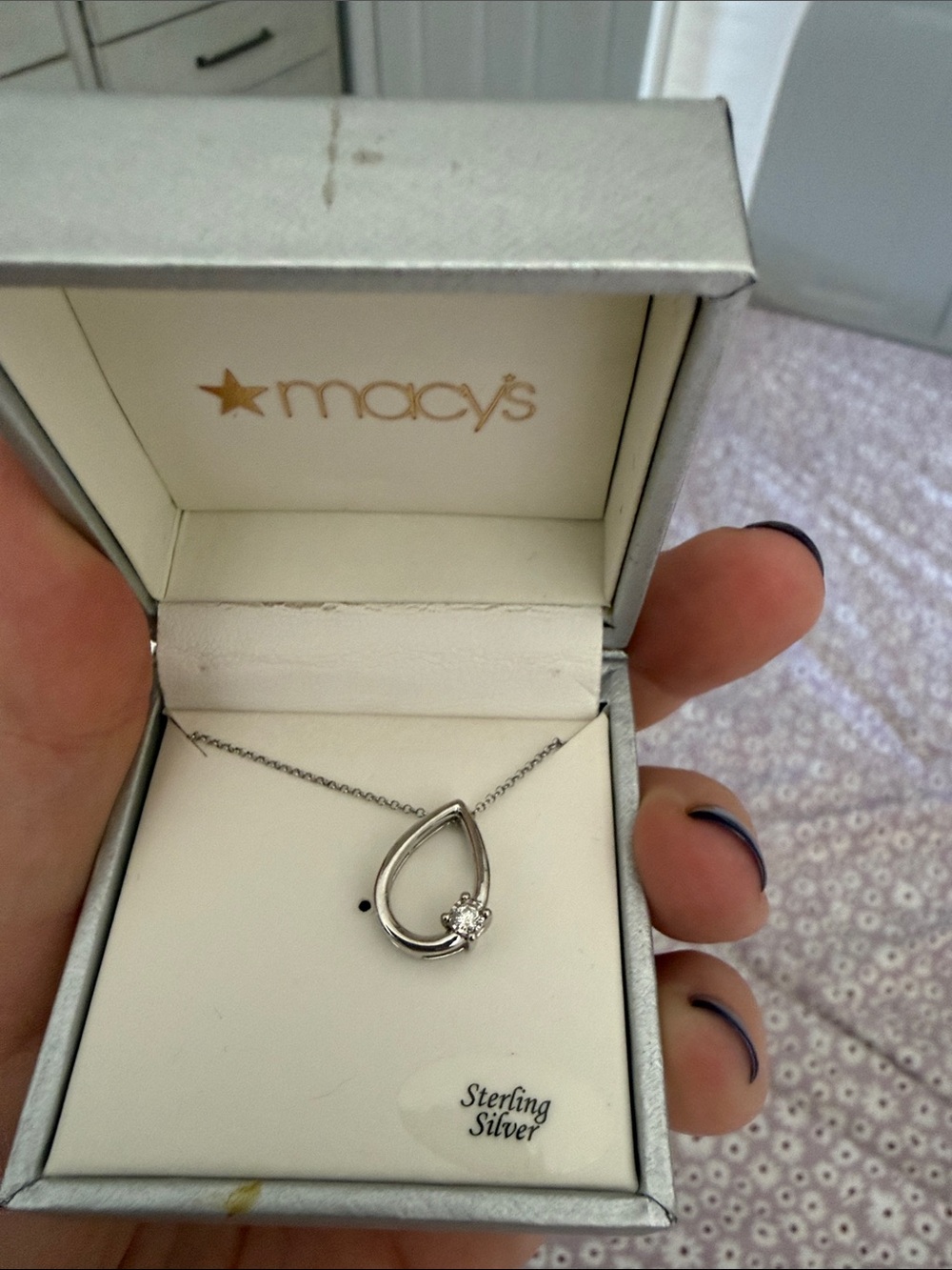 Macy's Sterling Silver Teardrop Necklace with Clear Accent Stone